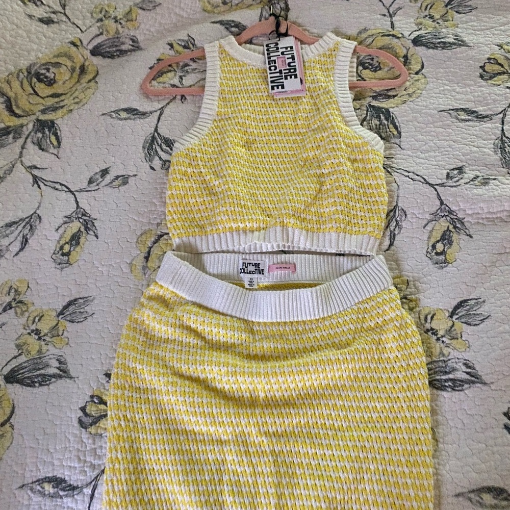 Yellow and White Knit Two-Piece Set